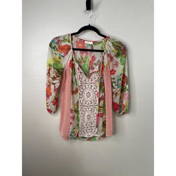 Meadow Rue Floral Crochet Blouse XS Boho Pink Green Sheer 3/4 Sleeve Top - Picture 1 of 5